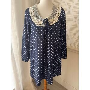Lowrys Farm Women’s Medium Knit Lace Collar Navy & White Polka Dot Mini Dress